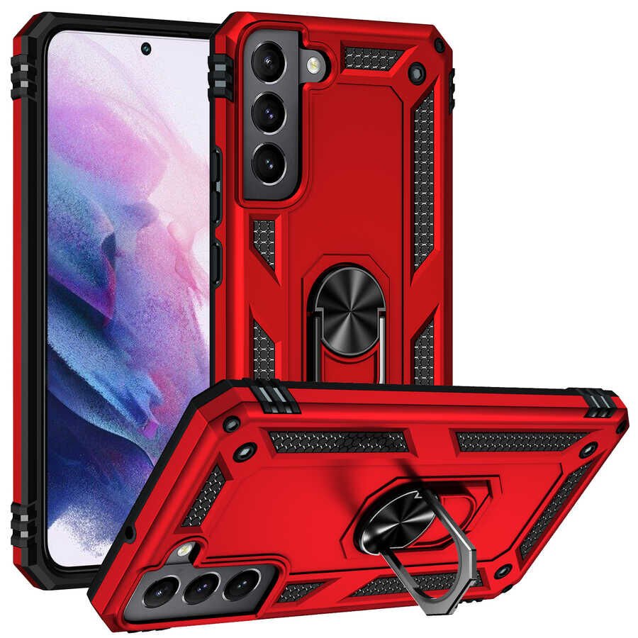 Samsung Galaxy S22 Plus Kılıf Vega Tank Sert Yüzüklü Standlı Zırh Koruma Kapak Kırmızı