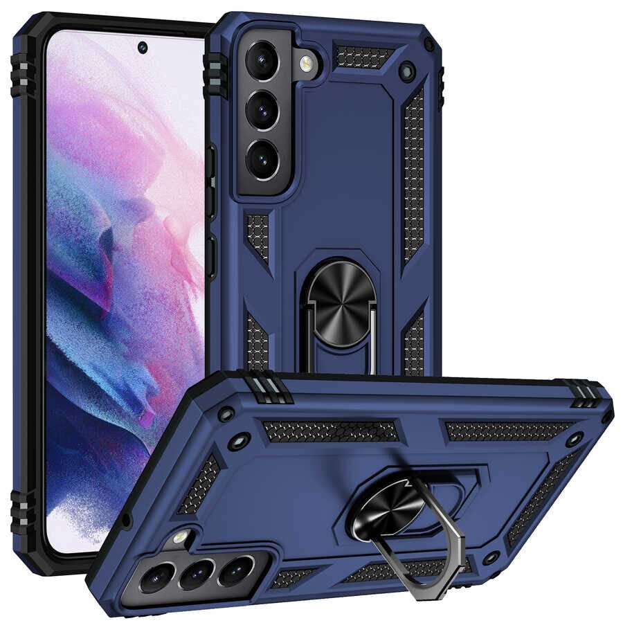 Samsung Galaxy S22 Plus Kılıf Vega Tank Sert Yüzüklü Standlı Zırh Koruma Kapak Mavi