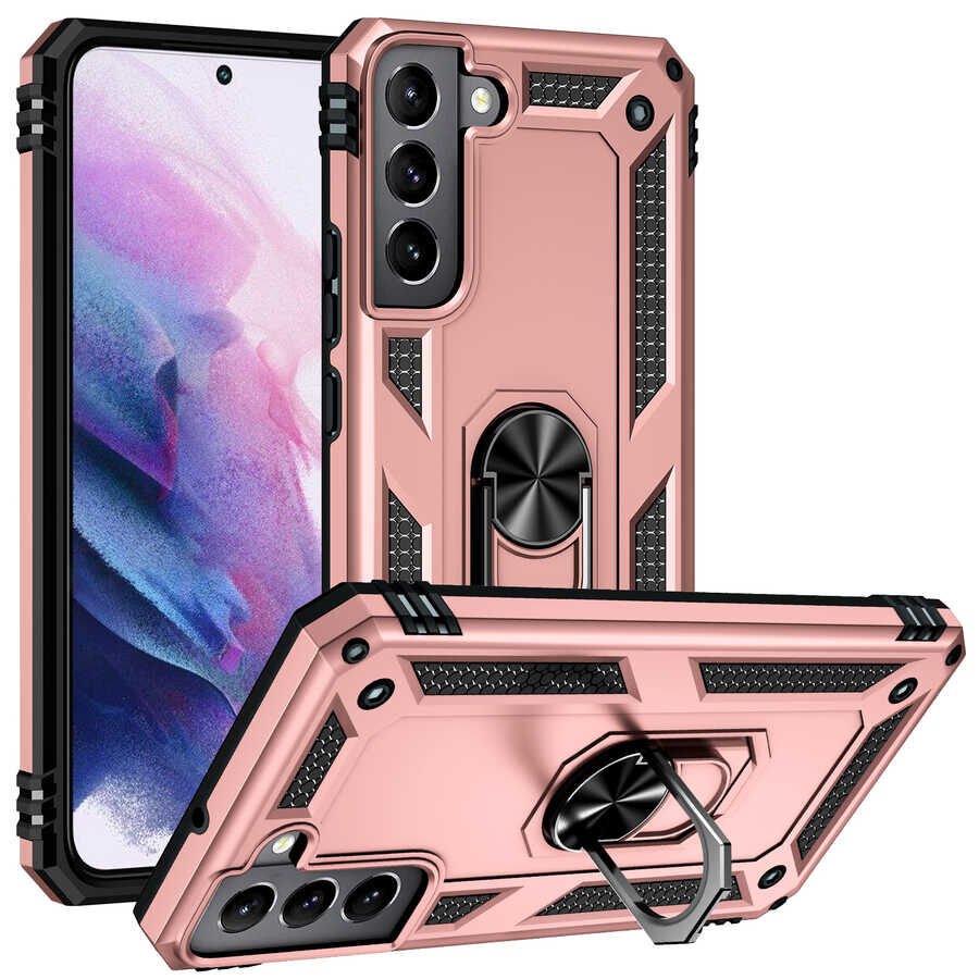 Samsung Galaxy S22 Plus Kılıf Vega Tank Sert Yüzüklü Standlı Zırh Koruma Kapak Rose Gold