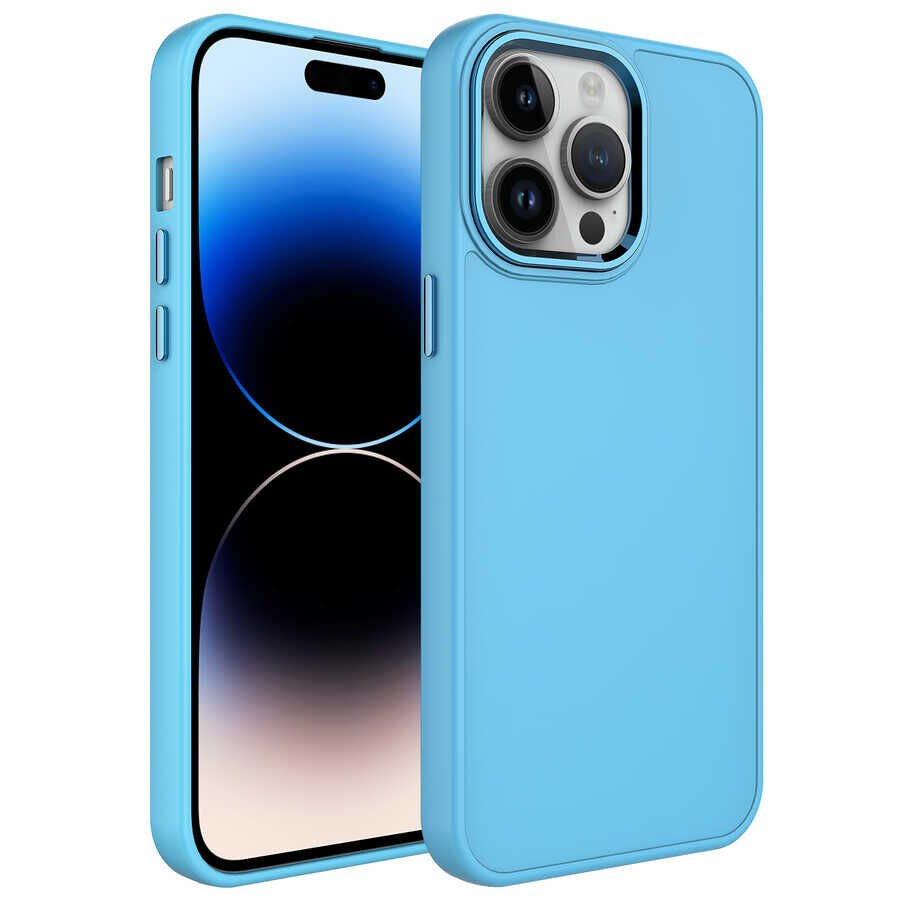 iPhone 13 Pro Kılıf Metal Çerçeve ve Buton Tasarımlı Silikon Luna Kapak Sierra Mavi