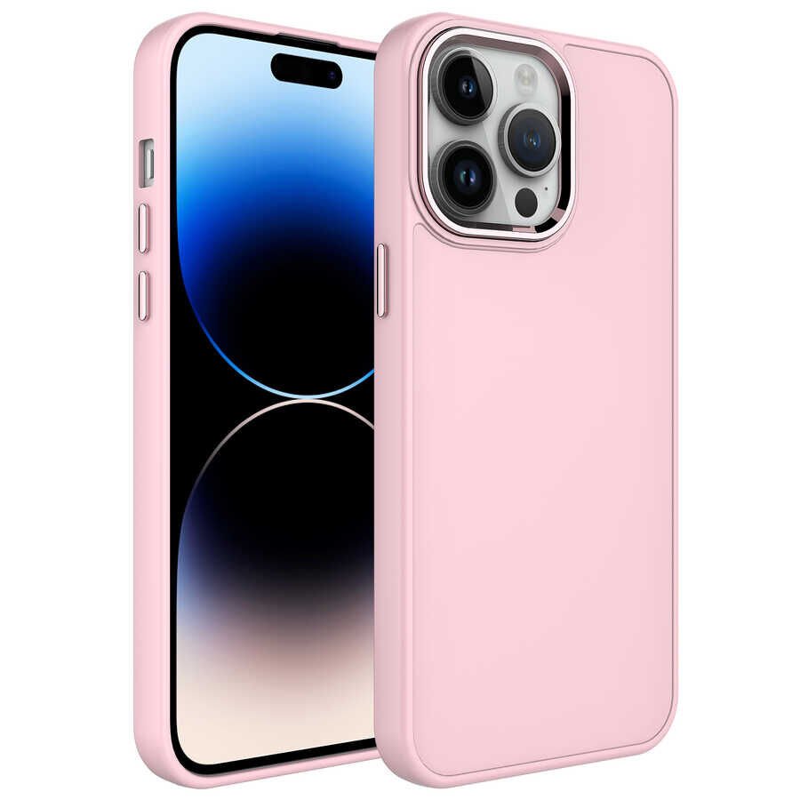 iPhone 13 Pro Kılıf Metal Çerçeve ve Buton Tasarımlı Silikon Luna Kapak Pembe