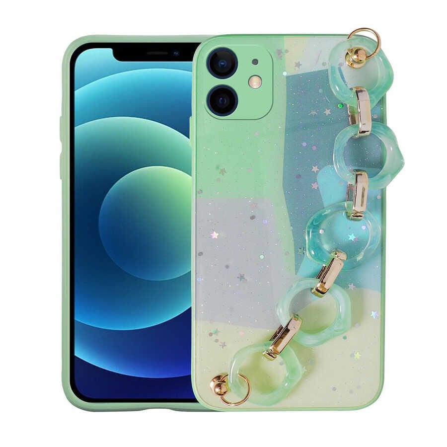 iPhone 12 Kılıf Simli Desenli El Askılı Tutacaklı Elsa Silikon Kapak Yeşil