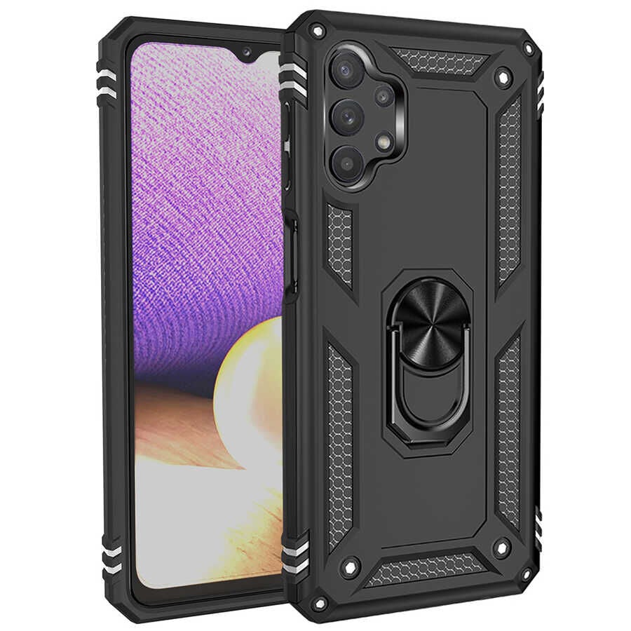 Samsung Galaxy A23 Kılıf Vega Tank Sert Yüzüklü Standlı Zırh Koruma Kapak Siyah