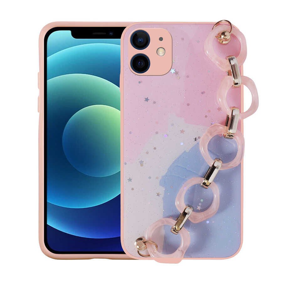 iPhone 12 Kılıf Simli Desenli El Askılı Tutacaklı Elsa Silikon Kapak Pembe