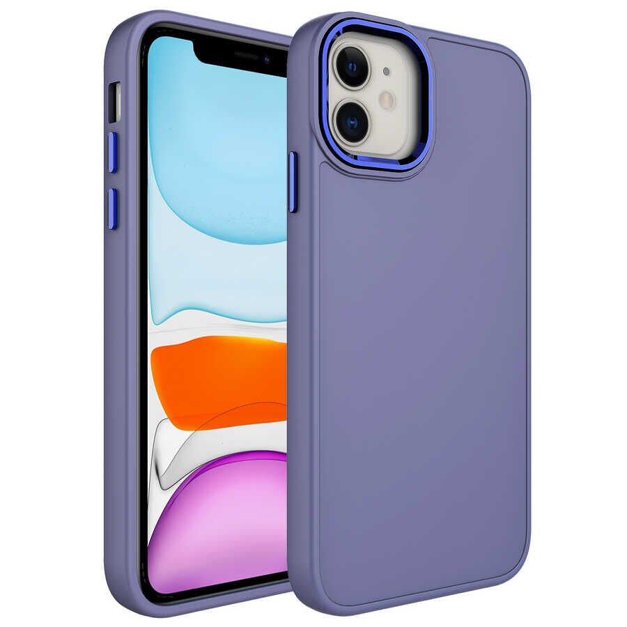 iPhone 11 Kılıf Metal Çerçeve ve Buton Tasarımlı Silikon Luna Kapak Lavendery Gray
