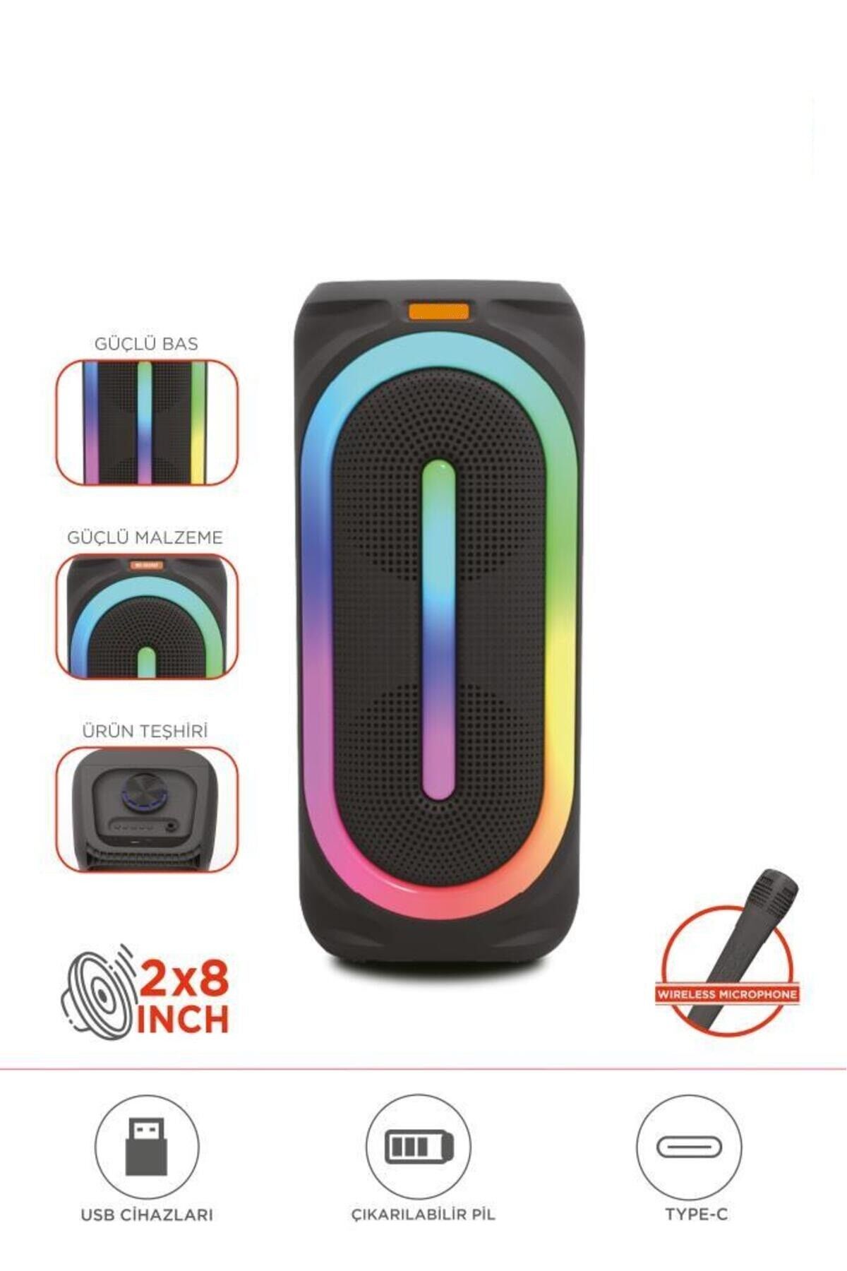 D63 2x8’’ 50 W Güçlü Bass RGB Işıklı Kablosuz Mikrofonlu Fm Bluetooth Hoparlör Speaker
