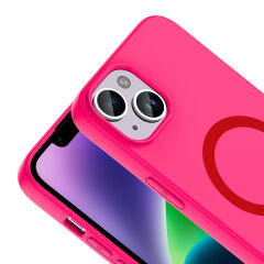 iPhone 14 Kılıf M-Safe Şarj Özellikli Kamera Korumali Premium Soft Aris Silikon Kapak Koyu Pembe