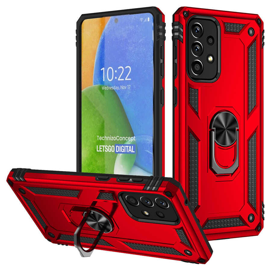 Samsung Galaxy A73 Kılıf Vega Tank Sert Yüzüklü Standlı Zırh Koruma Kapak Kırmızı