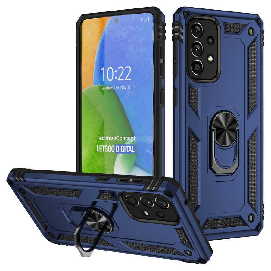 Samsung Galaxy A73 Kılıf Vega Tank Sert Yüzüklü Standlı Zırh Koruma Kapak Mavi