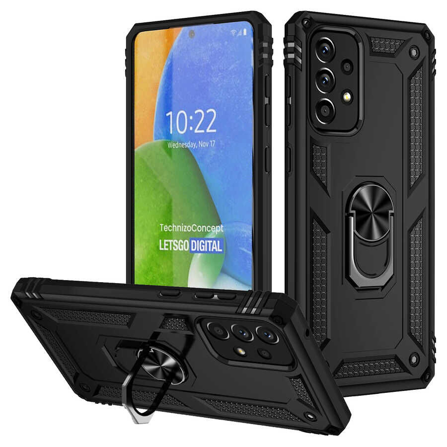Samsung Galaxy A73 Kılıf Vega Tank Sert Yüzüklü Standlı Zırh Koruma Kapak Siyah