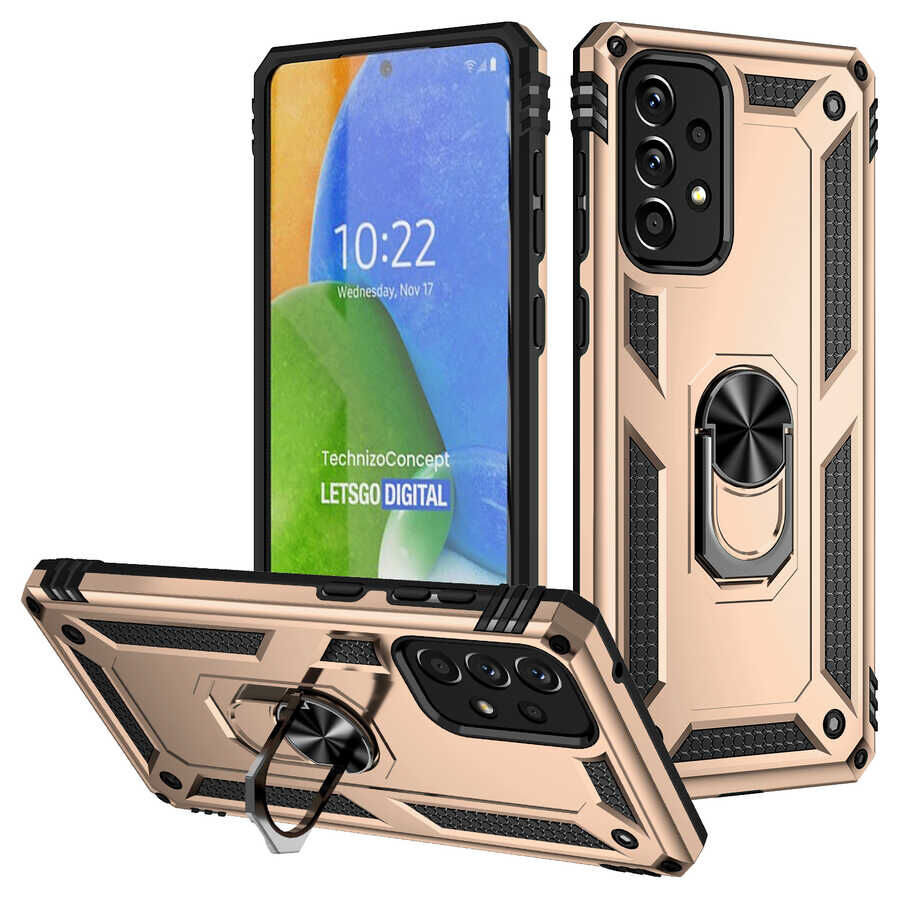 Samsung Galaxy A73 Kılıf Vega Tank Sert Yüzüklü Standlı Zırh Koruma Kapak Gold