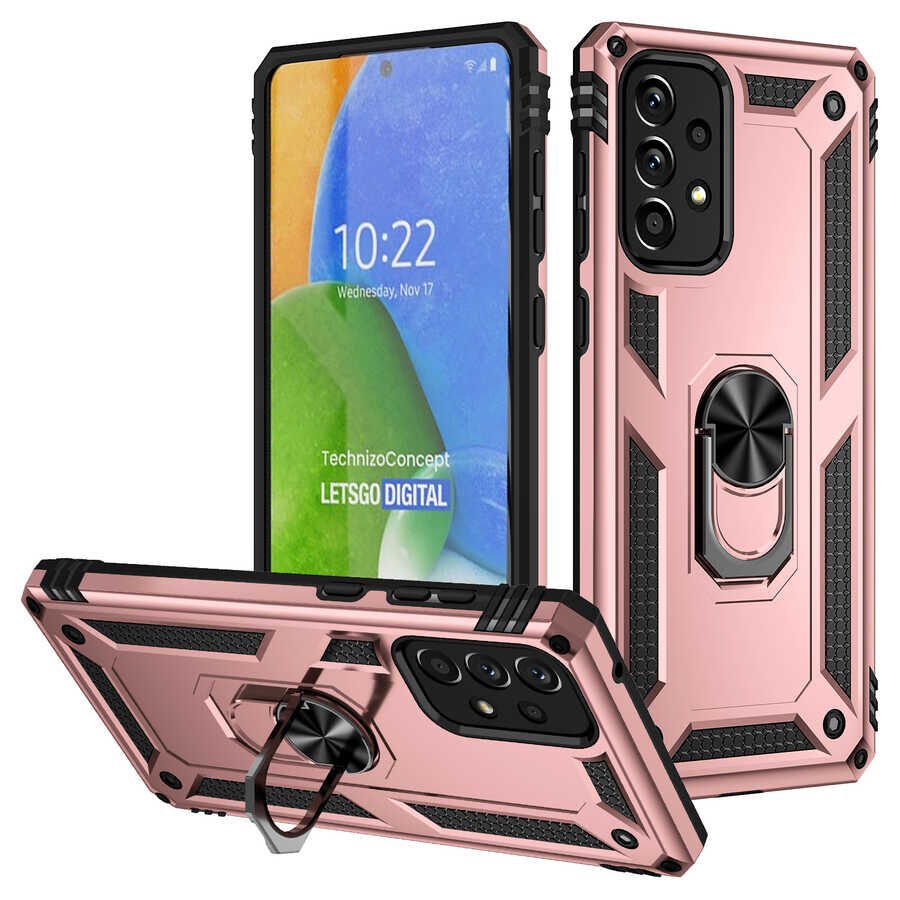 Samsung Galaxy A73 Kılıf Vega Tank Sert Yüzüklü Standlı Zırh Koruma Kapak Rose Gold
