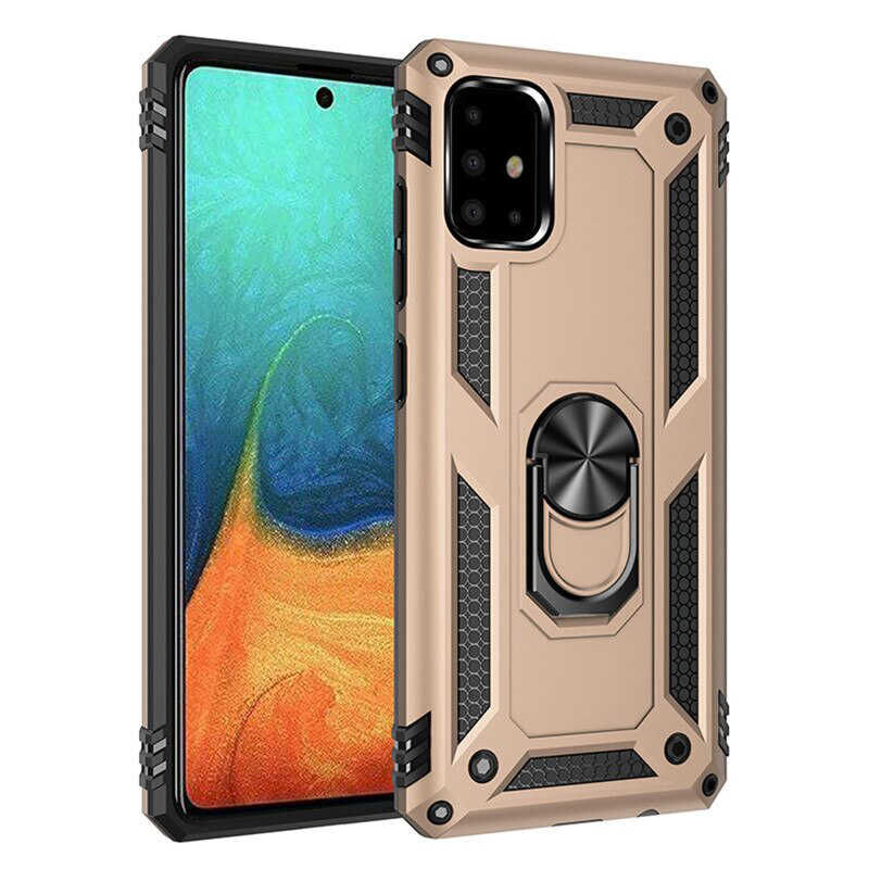Samsung Galaxy A71 Kılıf Vega Tank Sert Yüzüklü Standlı Zırh Koruma Kapak Gold
