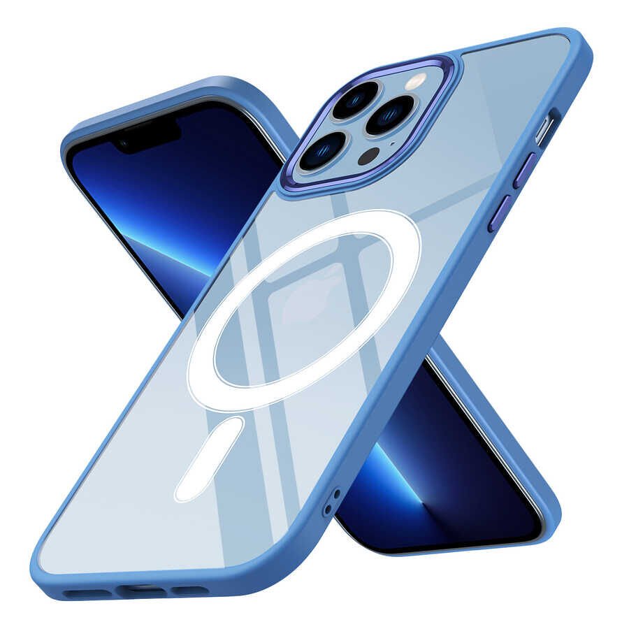 iPhone 12 Pro Max Kılıf Wireless Şarj Özellikli Krom Magsafe Silikon Kapak Mavi
