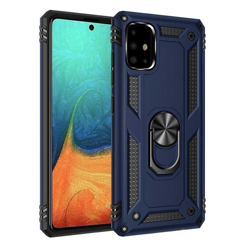 Samsung Galaxy A71 Kılıf Vega Tank Sert Yüzüklü Standlı Zırh Koruma Kapak Mavi