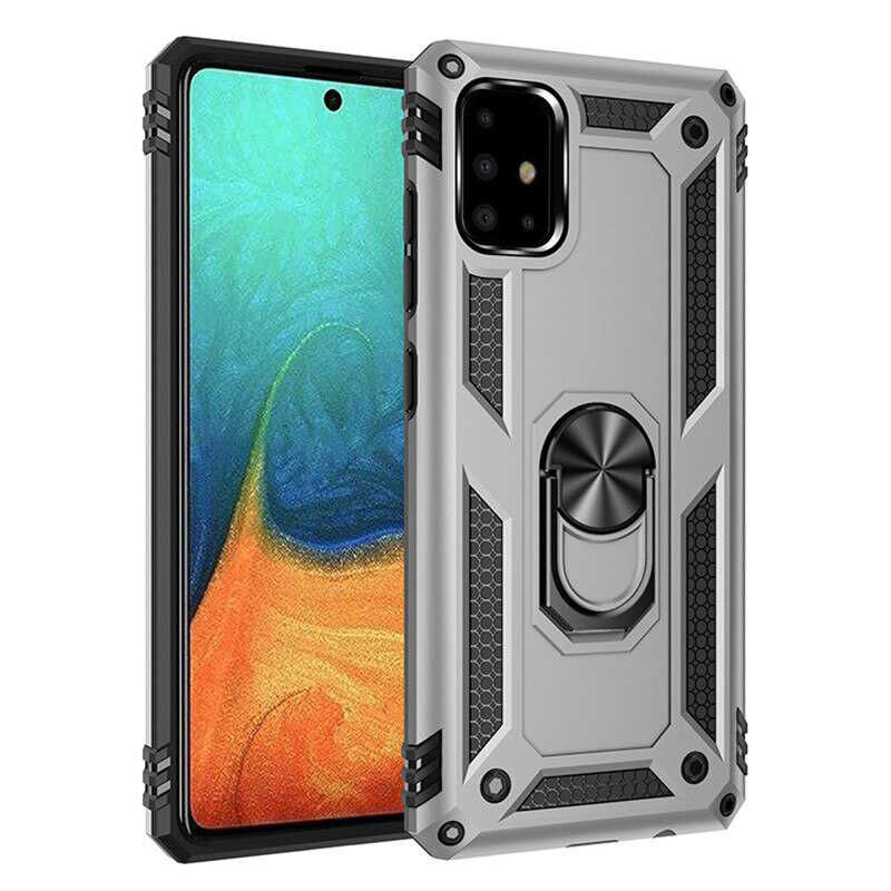 Samsung Galaxy A71 Kılıf Vega Tank Sert Yüzüklü Standlı Zırh Koruma Kapak Gri