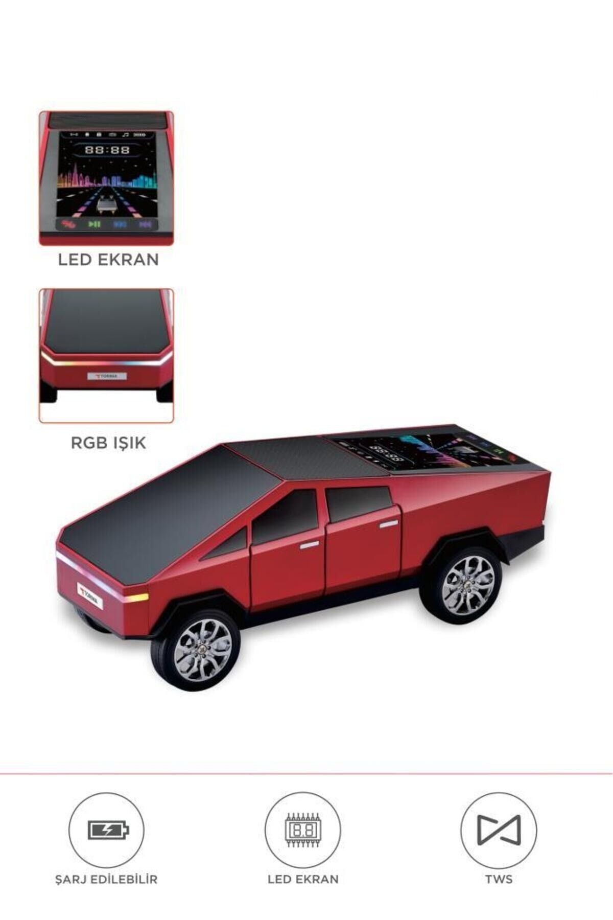 D68 CyberTruck Araba Tasarımlı Led Ekranli Radyolu Bluetooth Hoparlör 15W Güçlü Ses RGB LED /TWS/USB Kırmızı