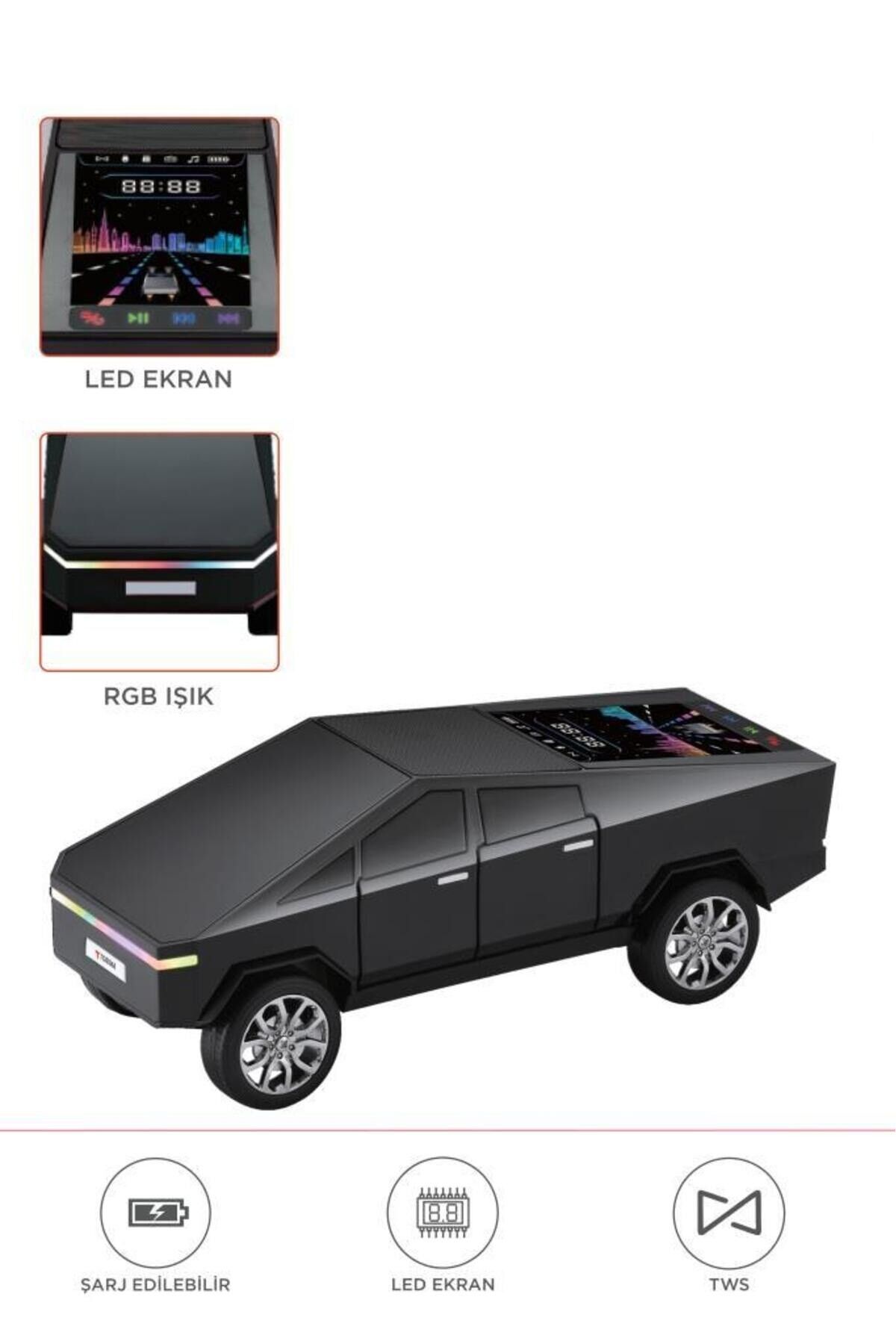 D68 CyberTruck Araba Tasarımlı Led Ekranli Radyolu Bluetooth Hoparlör 15W Güçlü Ses RGB LED /TWS/USB Siyah