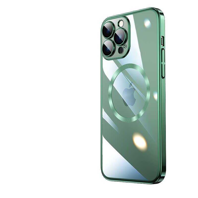iPhone 13 Pro Kılıf Wireless Şarj Özellikli Sert PC  Riksos Magsafe Kapak Koyu Yeşil