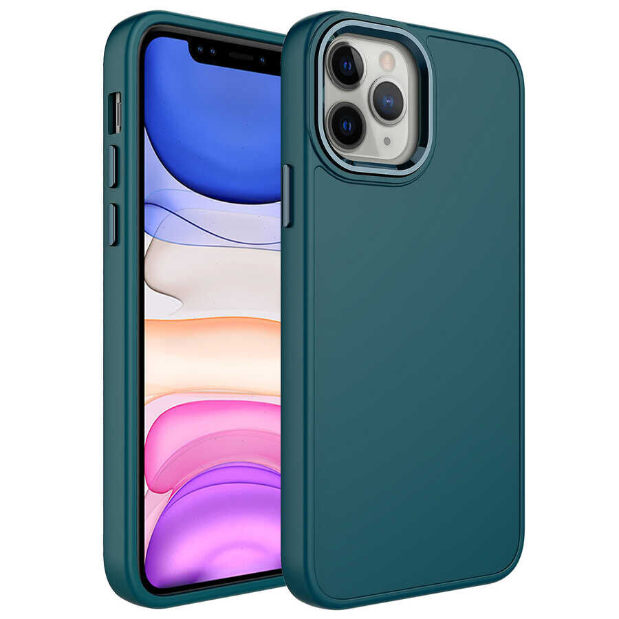 iPhone 12 Pro Kılıf Metal Çerçeve ve Buton Tasarımlı Silikon Luna Kapak Koyu Yeşil