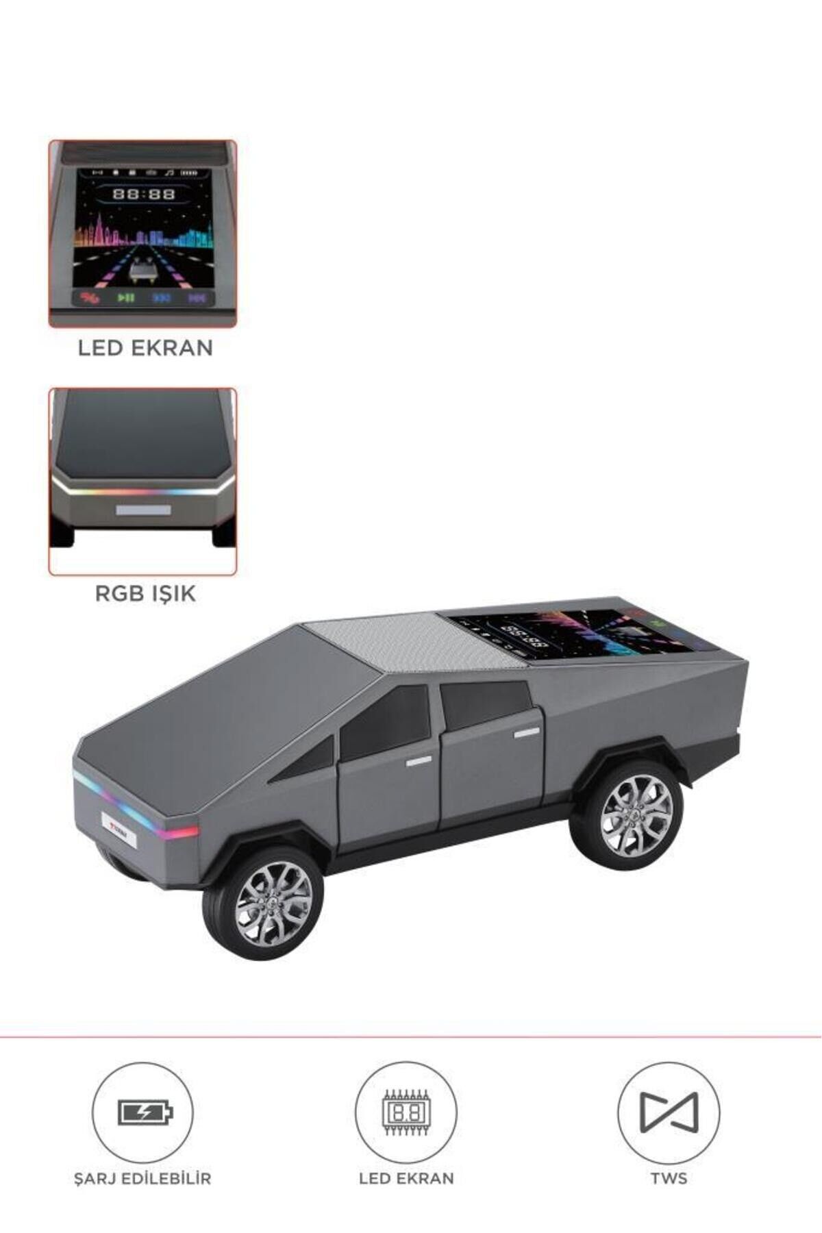 D68 CyberTruck Araba Tasarımlı Led Ekranli Radyolu Bluetooth Hoparlör 15W Güçlü Ses RGB LED /TWS/USB Gri