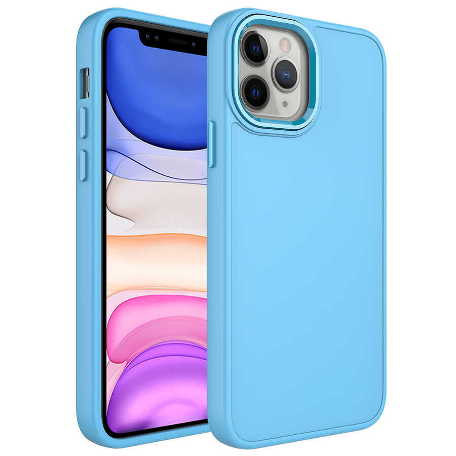 iPhone 12 Pro Kılıf Metal Çerçeve ve Buton Tasarımlı Silikon Luna Kapak Sierra Mavi