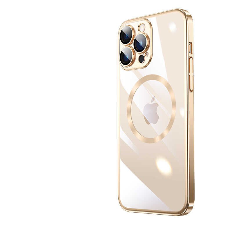 iPhone 13 Pro Kılıf Wireless Şarj Özellikli Sert PC  Riksos Magsafe Kapak Gold