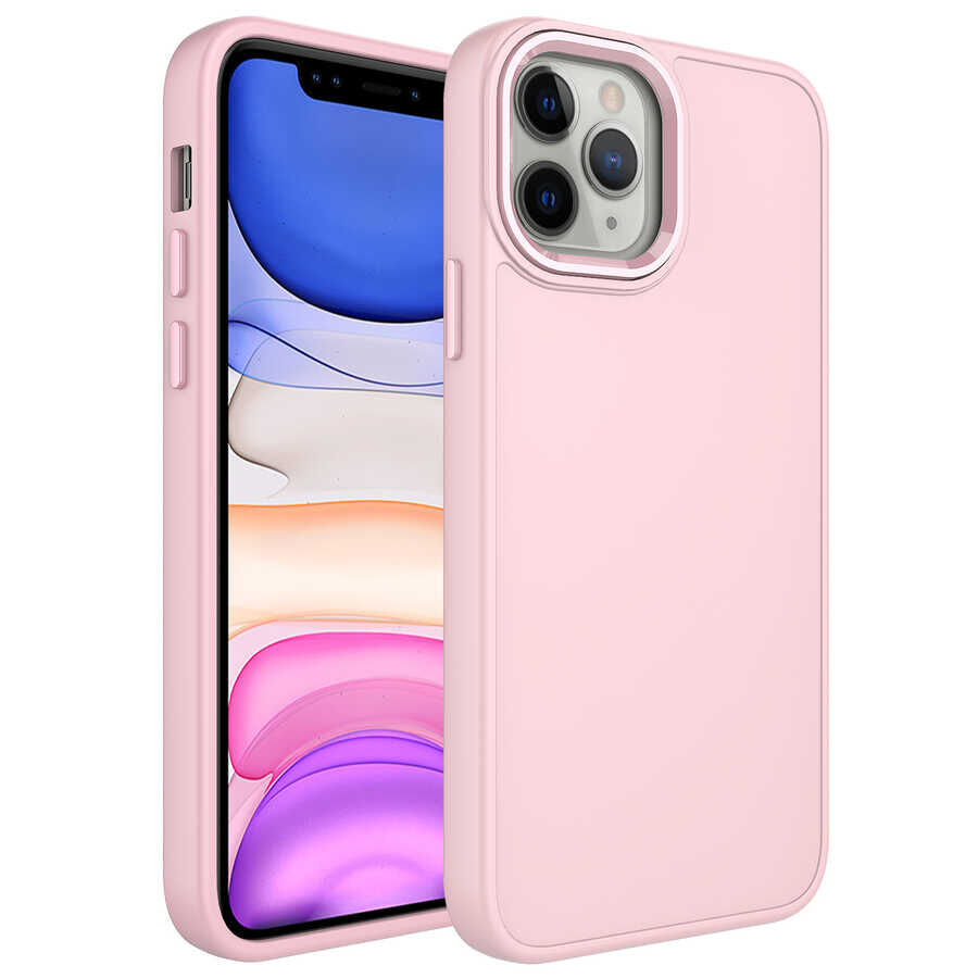 iPhone 12 Pro Kılıf Metal Çerçeve ve Buton Tasarımlı Silikon Luna Kapak Pembe
