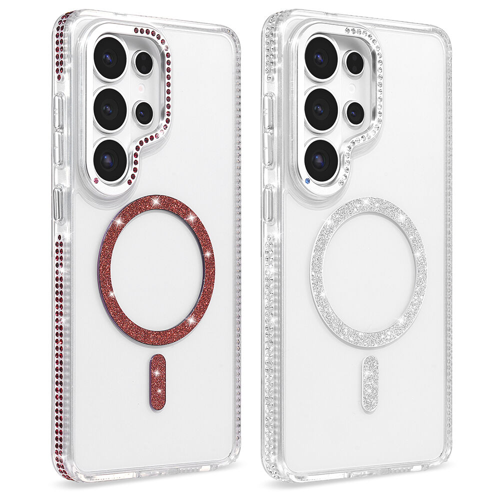 Samsung Galaxy S26 Ultra Kılıf Premium M-Safe Şarj Özellikli Şeffaf Kenari Taşli Simli Tera Silikon Kapak