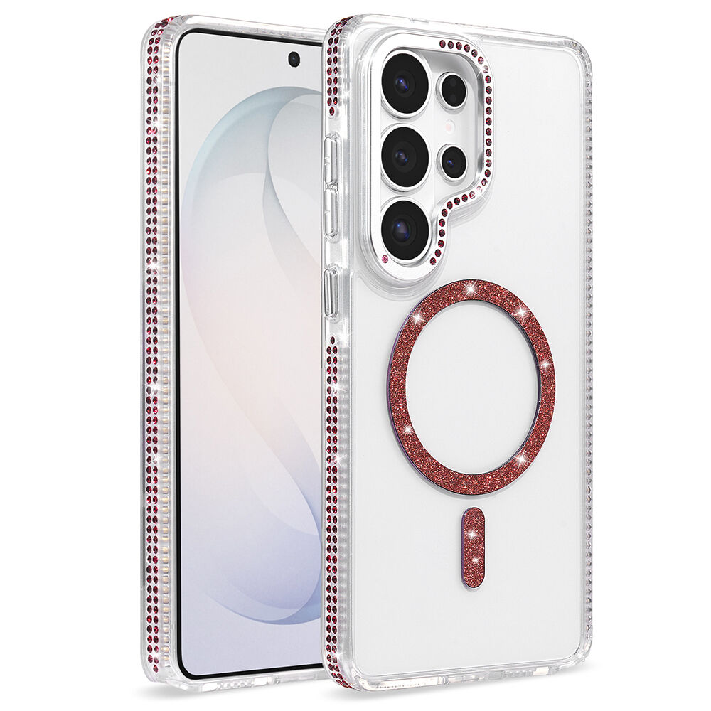 Samsung Galaxy S26 Ultra Kılıf Premium M-Safe Şarj Özellikli Şeffaf Kenari Taşli Simli Tera Silikon Kapak Mürdüm