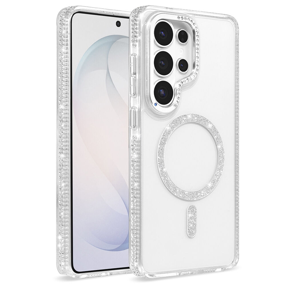 Samsung Galaxy S26 Ultra Kılıf Premium M-Safe Şarj Özellikli Şeffaf Kenari Taşli Simli Tera Silikon Kapak Şeffaf