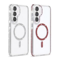 Samsung Galaxy S25 FE Kılıf Premium M-Safe Şarj Özellikli Şeffaf Kenari Taşli Simli Tera Silikon Kapak