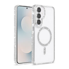 Samsung Galaxy S25 FE Kılıf Premium M-Safe Şarj Özellikli Şeffaf Kenari Taşli Simli Tera Silikon Kapak