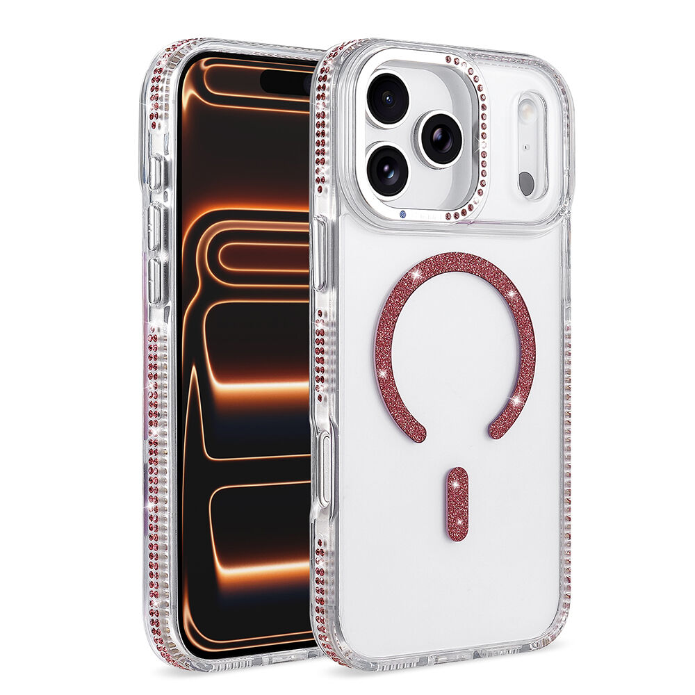 iPhone 17 Pro Max Kılıf Premium M-Safe Şarj Özellikli Şeffaf Kenari Taşli Simli Tera Silikon Kapak
