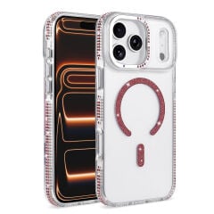 iPhone 17 Pro Max Kılıf Premium M-Safe Şarj Özellikli Şeffaf Kenari Taşli Simli Tera Silikon Kapak