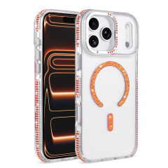 iPhone 17 Pro Max Kılıf Premium M-Safe Şarj Özellikli Şeffaf Kenari Taşli Simli Tera Silikon Kapak