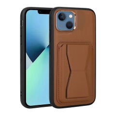 iPhone 13 Kılıf Kartlıklı Standlı ​Pu Deri emo Kapak
