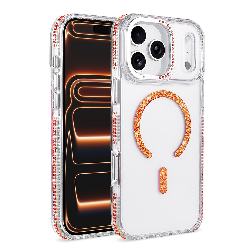 iPhone 17 Pro Max Kılıf Premium M-Safe Şarj Özellikli Şeffaf Kenari Taşli Simli Tera Silikon Kapak Turuncu