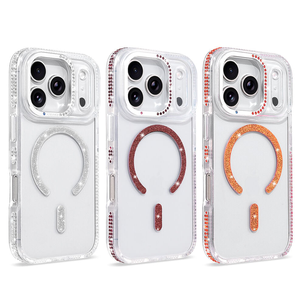 iPhone 17 Pro Kılıf Premium M-Safe Şarj Özellikli Şeffaf Kenari Taşli Simli Tera Silikon Kapak