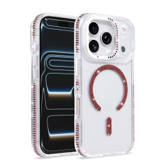 iPhone 17 Pro Kılıf Premium M-Safe Şarj Özellikli Şeffaf Kenari Taşli Simli Tera Silikon Kapak