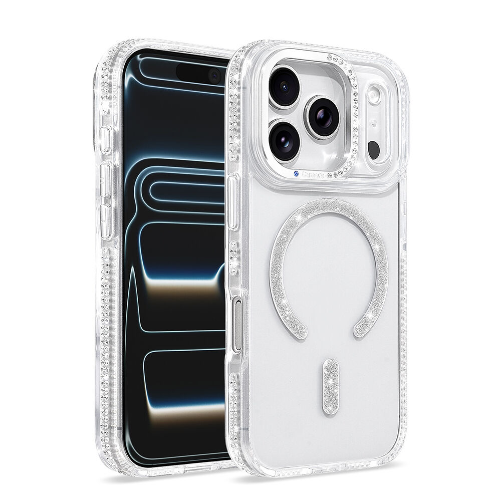 iPhone 17 Pro Kılıf Premium M-Safe Şarj Özellikli Şeffaf Kenari Taşli Simli Tera Silikon Kapak Şeffaf