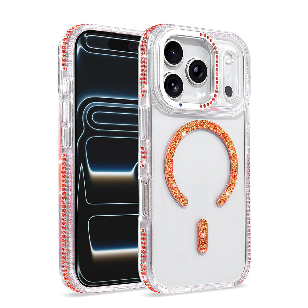 iPhone 17 Pro Kılıf Premium M-Safe Şarj Özellikli Şeffaf Kenari Taşli Simli Tera Silikon Kapak Turuncu