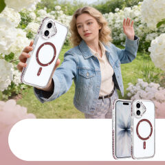 iPhone 17 Kılıf Premium M-Safe Şarj Özellikli Şeffaf Kenari Taşli Simli Tera Silikon Kapak