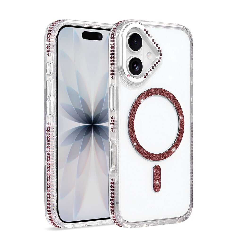 iPhone 17 Kılıf Premium M-Safe Şarj Özellikli Şeffaf Kenari Taşli Simli Tera Silikon Kapak Mürdüm