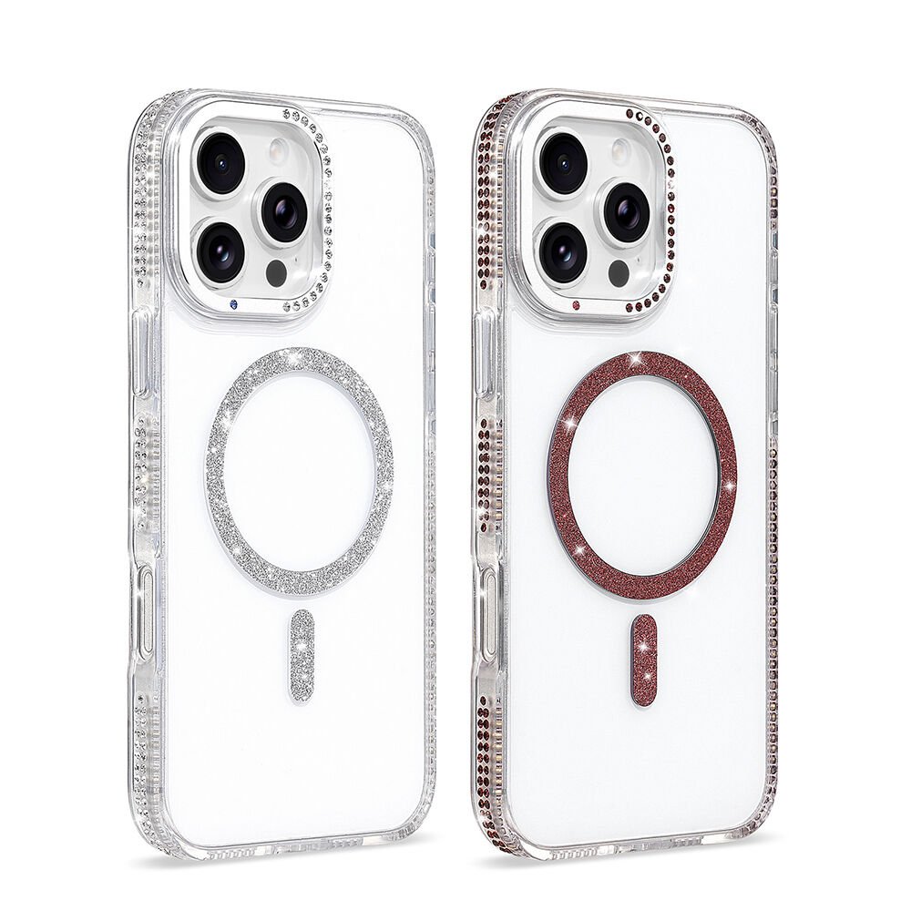 iPhone 16 Pro Max Kılıf Premium M-Safe Şarj Özellikli Şeffaf Kenari Taşli Simli Tera Silikon Kapak