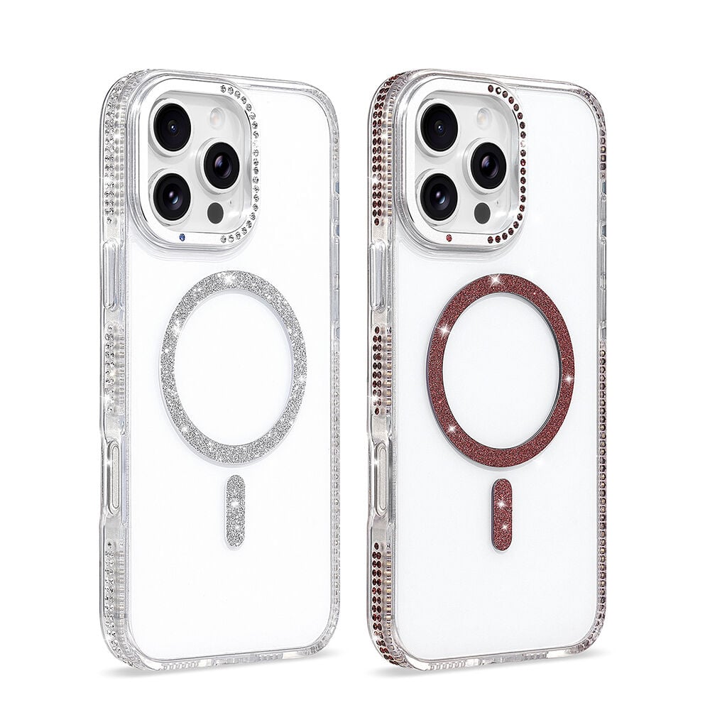 iPhone 16 Pro Max Kılıf Premium M-Safe Şarj Özellikli Şeffaf Kenari Taşli Simli Tera Silikon Kapak