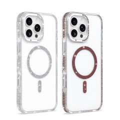 iPhone 16 Pro Max Kılıf Premium M-Safe Şarj Özellikli Şeffaf Kenari Taşli Simli Tera Silikon Kapak