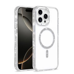 iPhone 16 Pro Max Kılıf Premium M-Safe Şarj Özellikli Şeffaf Kenari Taşli Simli Tera Silikon Kapak