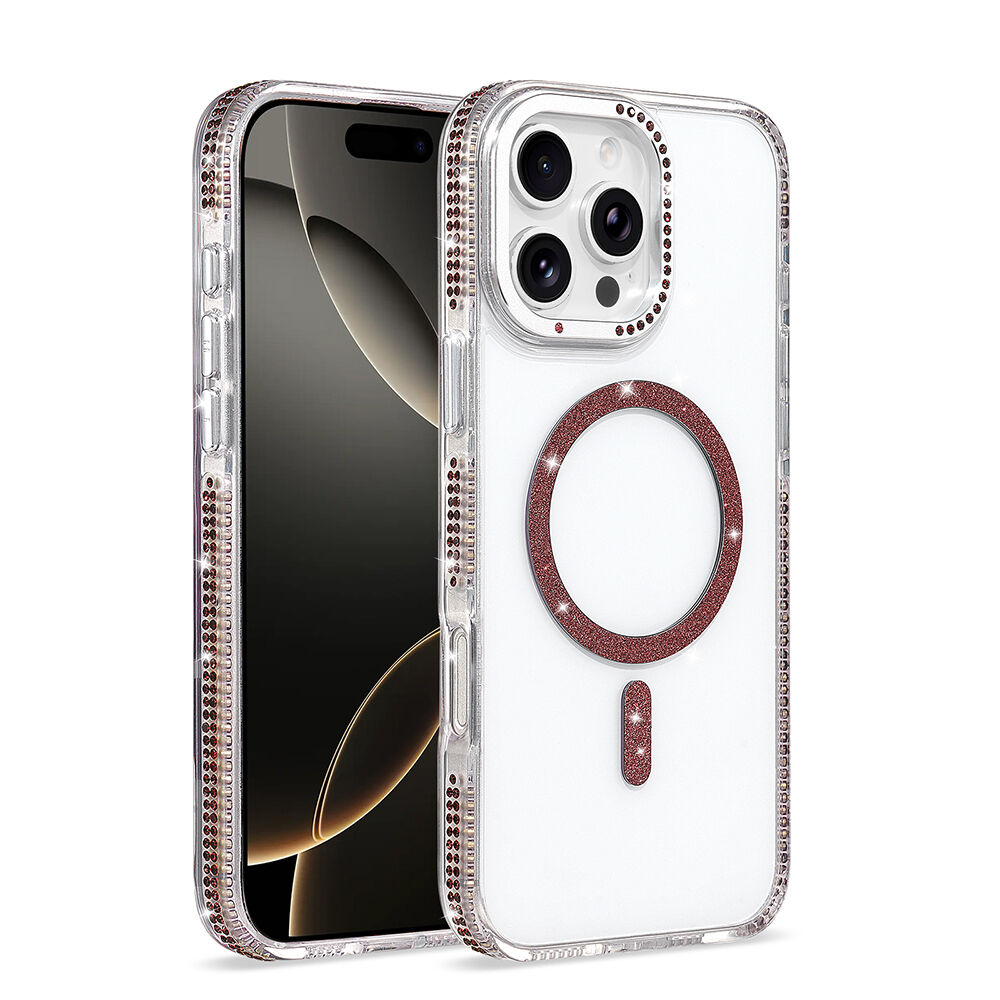 iPhone 16 Pro Max Kılıf Premium M-Safe Şarj Özellikli Şeffaf Kenari Taşli Simli Tera Silikon Kapak Mürdüm