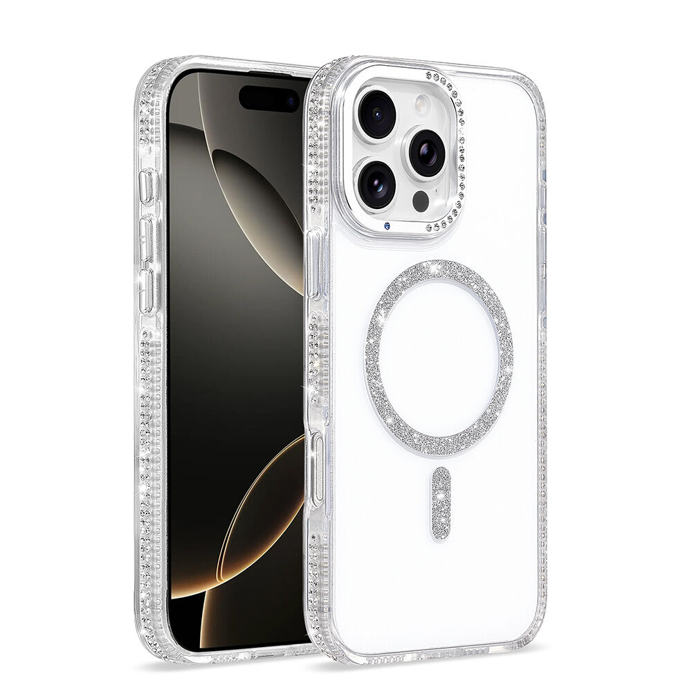 iPhone 16 Pro Max Kılıf Premium M-Safe Şarj Özellikli Şeffaf Kenari Taşli Simli Tera Silikon Kapak Şeffaf
